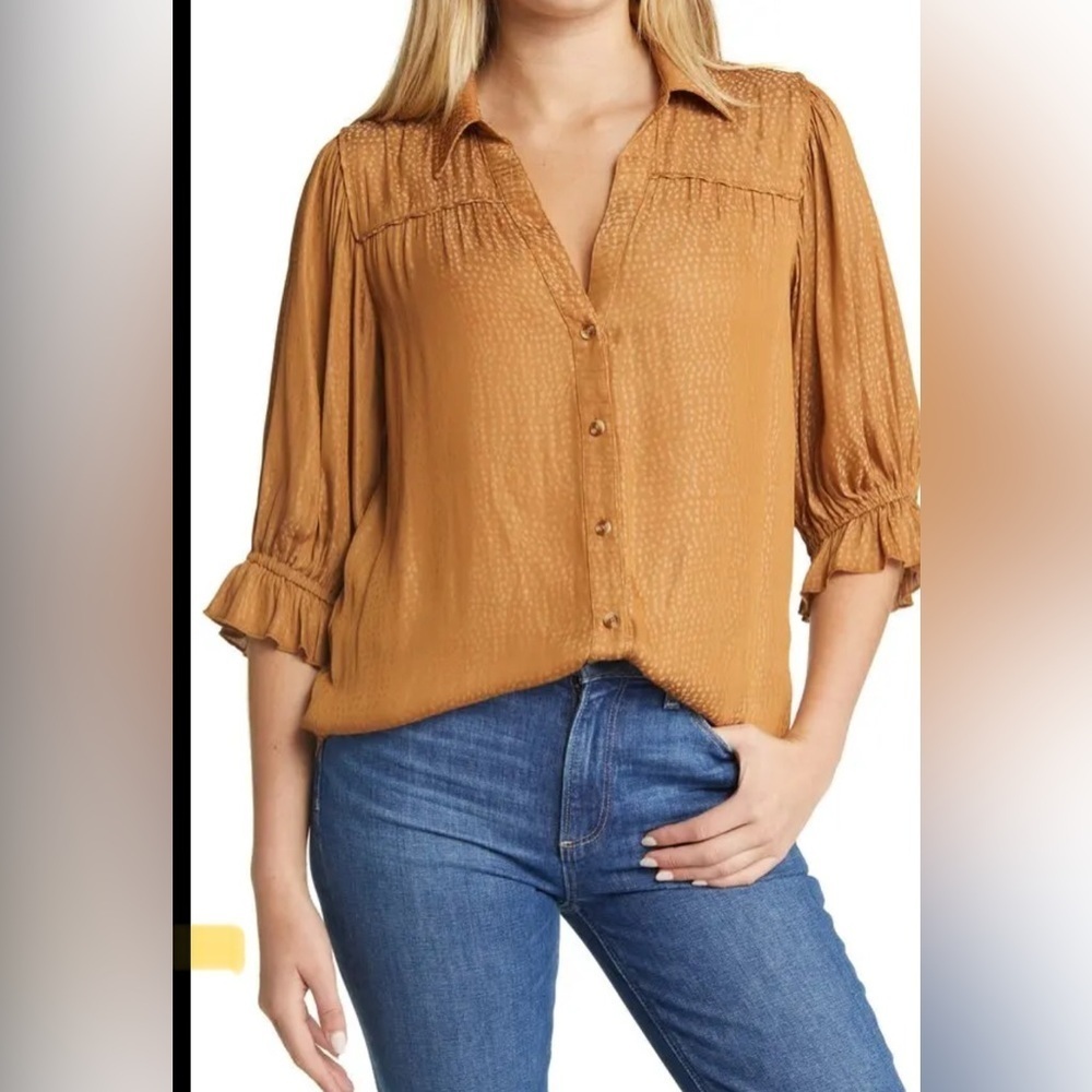 Democracy 3/4 sleeve top in yellow size S smocked yoke and cuffs. EUC